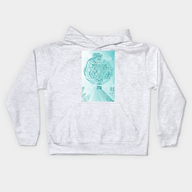 the aztec calendar in dragon quetzalcoatl blue sky Kids Hoodie by jorge_lebeau